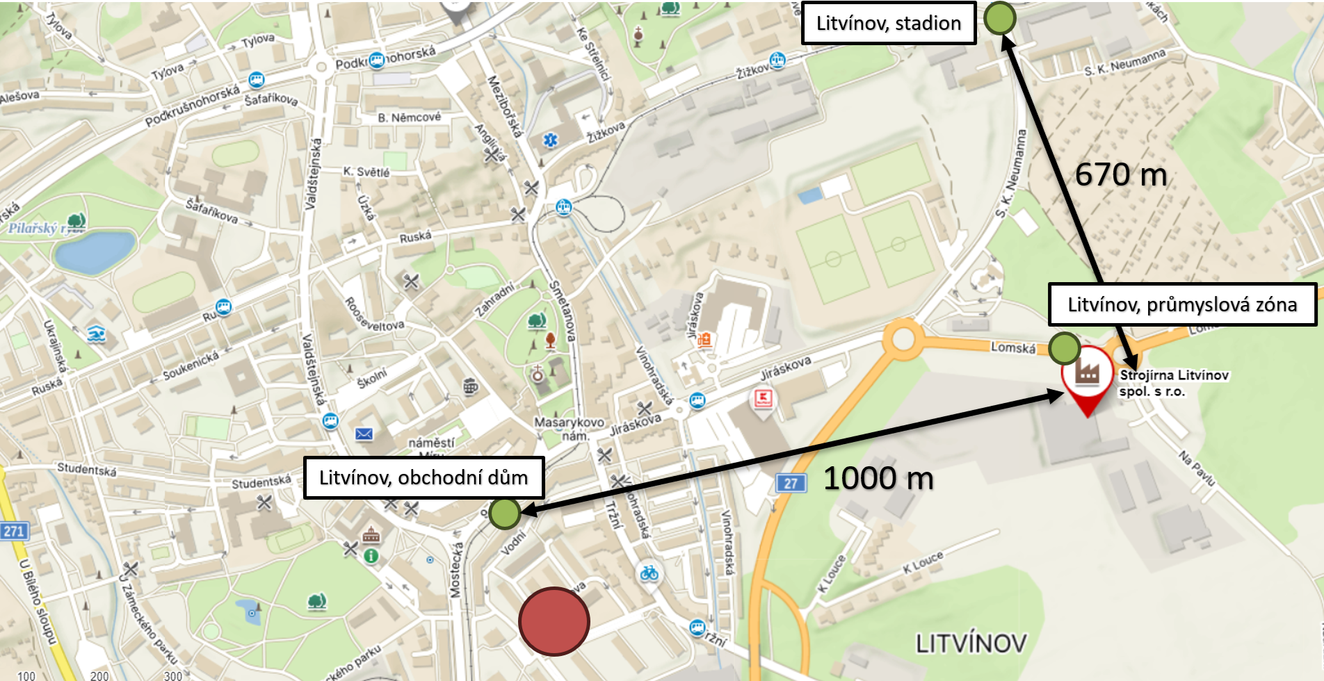 Informační mapa - vzdálenost hlavních míst vzdělávání od veřejné dopravy/MHD